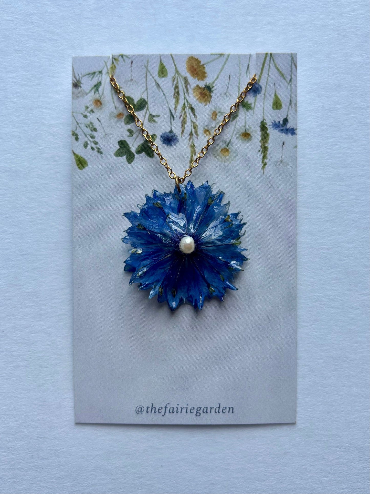 Blue Cornflower and Pearl Necklace