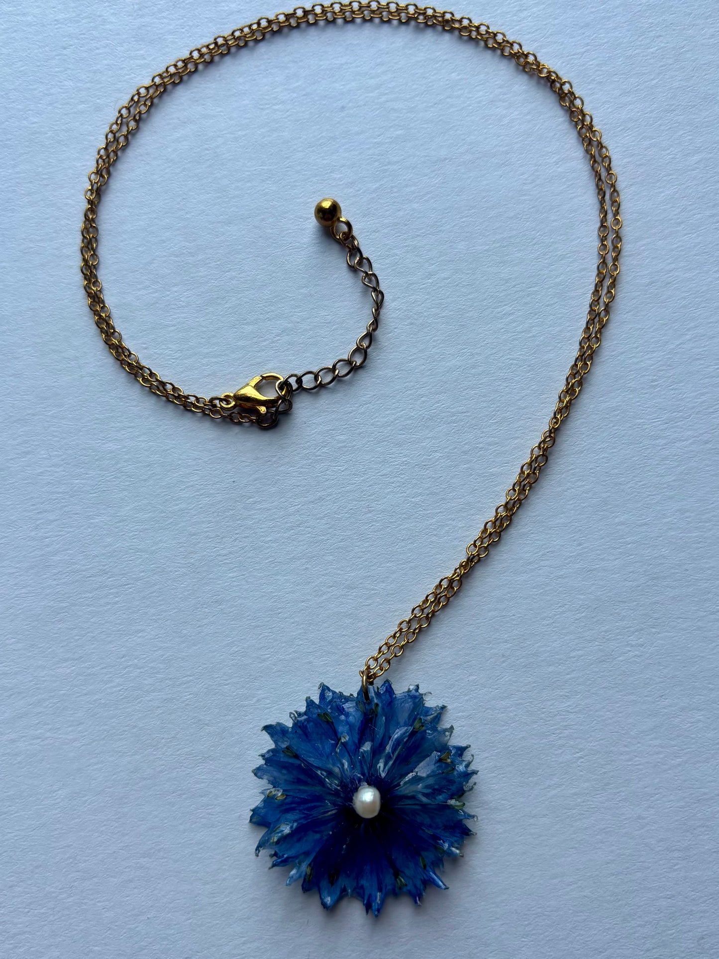 Blue Cornflower and Pearl Necklace