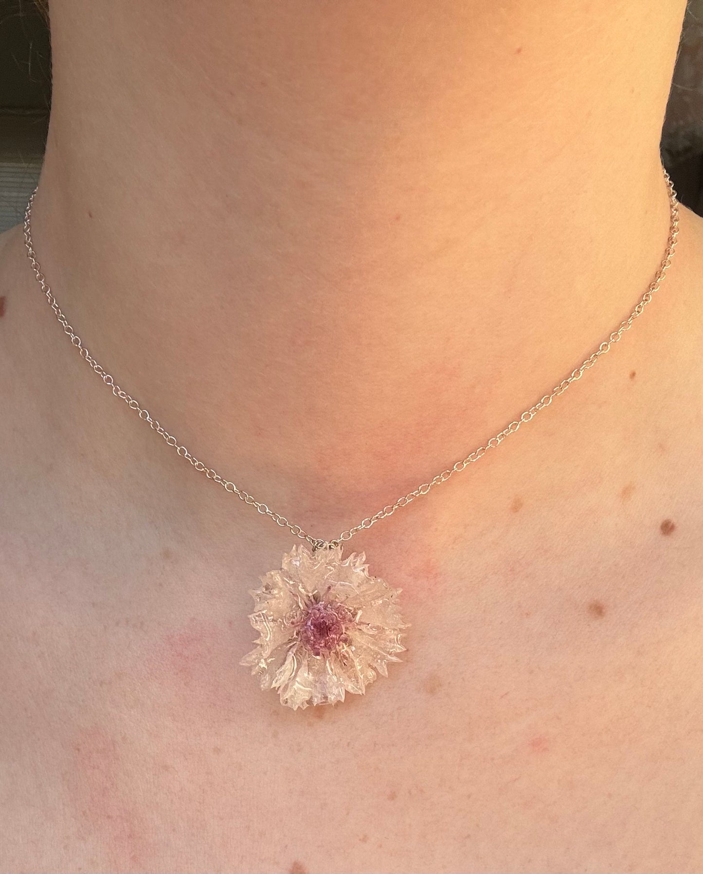 Pink Cornflower Necklace - Silver
