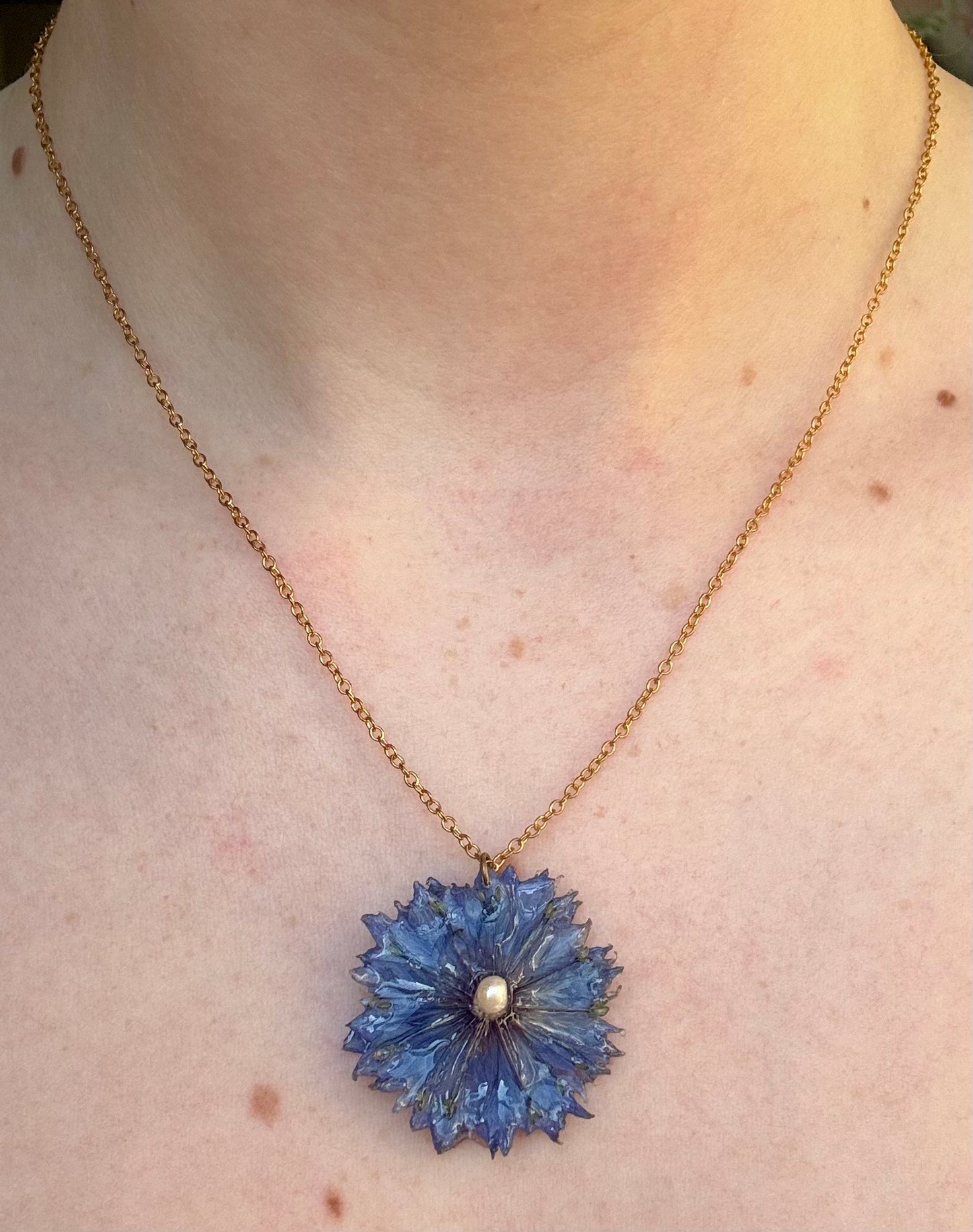 Blue Cornflower and Pearl Necklace